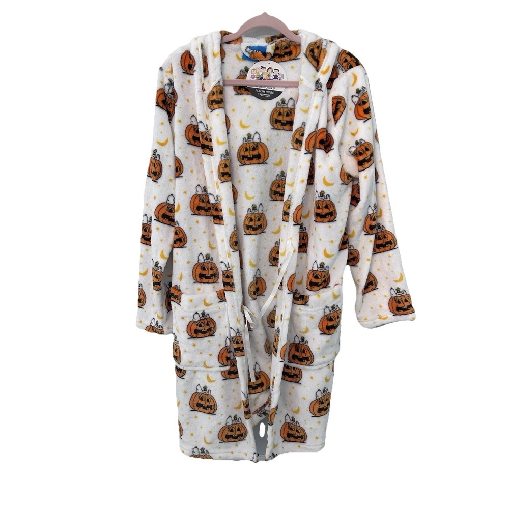 Peanuts Snoopy Pumpkin Soft Fleece Hooded Bathrobe with Tie Closure  S/M New